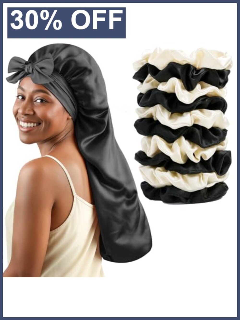 Silky Bonnet with Tie Band, Extra Long Sleep Cap for Curly/Natural Hair,